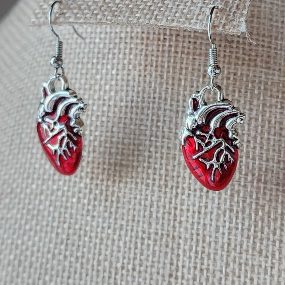 Silver and Red Anatomical Heart Earrings